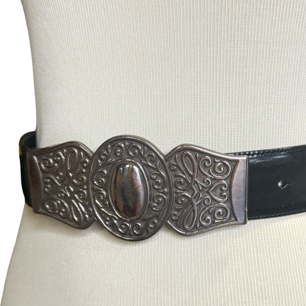 Brighton Black Leather Belt with Long Silver Buckle 45003 Size Small